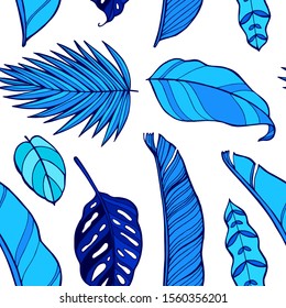 Summer exotic floral tropical palm, banana leaves in blue style. Pattern vector seamless on the pink background. Plant flower nature wallpaper