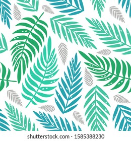 Summer exotic floral tropical palm in blue and green style. Palm leaves background. Pattern vector seamless on the white background.