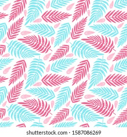 Summer exotic floral tropical palm in blue and pink style. Palm leaves background. Pattern vector seamless on the white background.