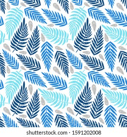 Summer exotic floral tropical palm in classic blue style. Palm leaves background. Pattern vector seamless on the white background.