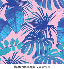 Summer Exotic Floral Tropical Palm, Banana Leaves In Blue Style. Pattern Vector Seamless On The Pink Background. Plant Flower Nature Wallpaper