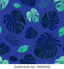 Summer exotic floral tropical palm, banana leaves in blue style. Pattern vector seamless on the pink background. Plant flower nature wallpaper
