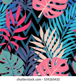 Summer exotic floral tropical palm, banana leaves in blue and pink colors. Pattern vector seamless on abstract black background. Plant flower nature wallpaper