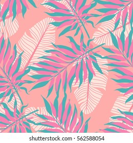 Palma tropical floral exótica de verão, fundo de folhas de bananeira. Padrão sem emenda de memphis abstrato de vetor. Papel de parede de flores de plantas