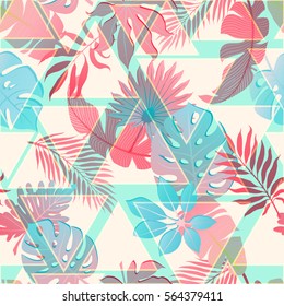 Summer exotic floral tropical palm, banana leaves background. Vector abstract memphis seamless pattern. Plant flower nature wallpaper