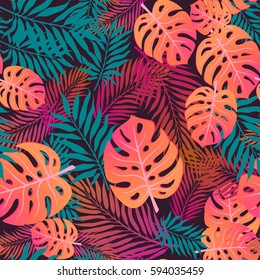 Summer exotic floral tropical palm leaves background. Vector abstract seamless pattern. Plant flower nature wallpaper