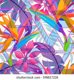 Summer exotic floral tropical palm leaves background. Vector abstract seamless pattern. Plant flower nature wallpaper with triangles