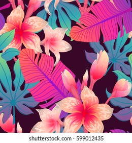 Summer exotic floral tropical palm leaves background. Vector abstract seamless pattern. Plant flower nature wallpaper