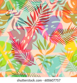 Summer exotic floral tropical palm leaves background. Vector abstract seamless pattern. Plant flower nature wallpaper with triangles