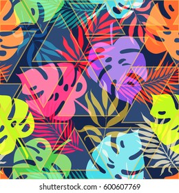 Summer exotic floral tropical palm leaves background. Vector abstract seamless pattern. Plant flower nature wallpaper with triangles