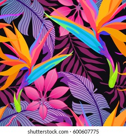 Summer Exotic Floral Tropical Palm Leaves Background. Vector Abstract Seamless Pattern. Plant Flower Nature Wallpaper