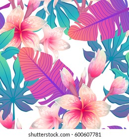 Summer exotic floral tropical palm leaves background. Vector abstract seamless pattern. Plant flower nature wallpaper