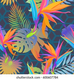 Summer exotic floral tropical palm leaves background. Vector abstract seamless pattern. Plant flower nature wallpaper