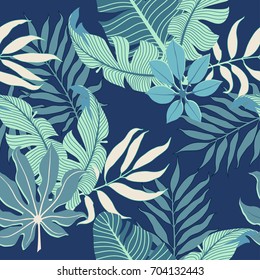 Summer exotic floral tropical palm leaves background. Vector tropical abstract seamless pattern. Plant flower nature wallpaper in blue palette