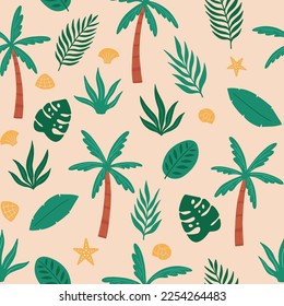 Summer exotic floral tropical pattern with palm, banana leaves and starfish. Beautiful print with hand drawn exotic plants. For textiles, clothing, bed linen, office supplies.