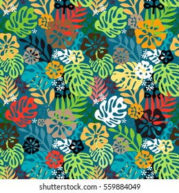 Summer exotic floral tropical seamless pattern. Vector colorful colors seamless on the beige background. Plant flower silhouette nature wallpaper. Flat style illustration 