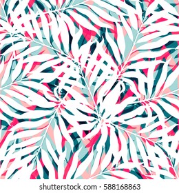 Summer exotic floral tropical white palm leaves on abstract colorful pattern. vector seamless background. Plant flower nature wallpaper