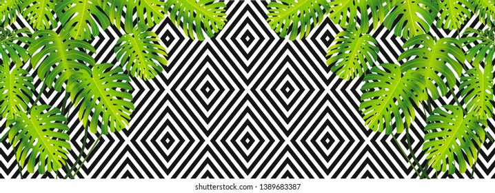 Summer exotic forest plant print tropical banana leaves. black and white line square pattern background in vector. Nature wallpaper.