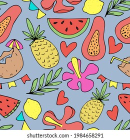 summer exotic fruits - watermelon, papaya, banana, lemon, set of green tropical leaves, set of green tropical green leaves, vector seamless pattern of doodle elements with black outline on a blue back