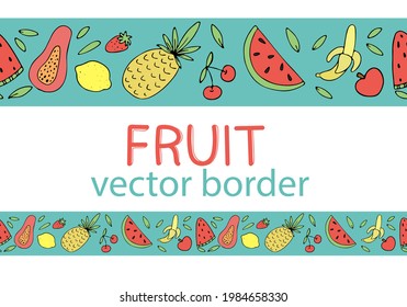 summer exotic fruits - watermelon, papaya, banana, lemon, set of green tropical leaves, vector seamless horizontal border with black outline