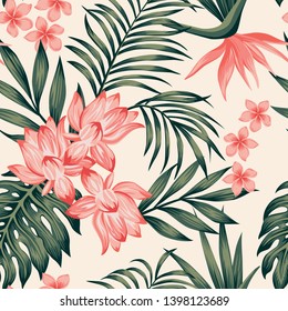 Summer exotic green tropical palm, monstera leaves and pink lily, frangipani, plumeria, bird of paradise flowers on the white background. Seamless realistic vector composition,  botanical pattern