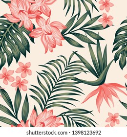 Summer exotic green tropical palm, monstera leaves and pink lily, frangipani, plumeria, bird of paradise flowers on the white background. Seamless realistic vector composition, botanical beach pattern