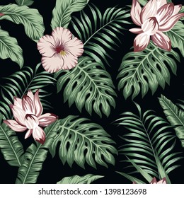 Summer exotic green tropical palm, monstera leaves and brown lily, hibiscus, flowers on the black background. Seamless realistic vector composition, trendy botanical beach pattern