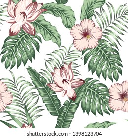 Summer exotic green tropical palm, monstera leaves and brown lily, hibiscus, flowers on the white background. Seamless realistic vector composition, trendy botanical beach pattern