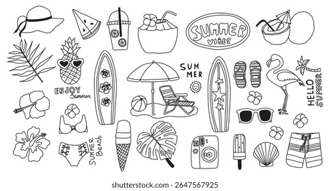 Summer exotic hand drawn vector icon set in line art style isolated - Summer Vibes. 