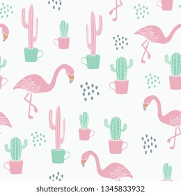Summer exotic pattern with hand drawn seamless flamingo and cactus background multicolor for fashion textile print vector illustration.