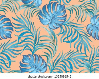 Summer exotic print with realistic vector palm leaves. Floral background for textile design.