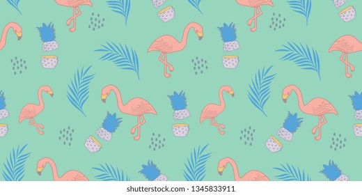 Summer exotic seamless pattern with flamingos, pineapple, and palm tree background trendy for fashion textile print and wrapping