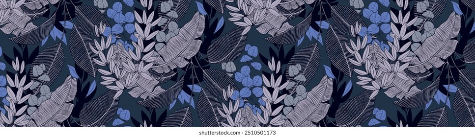 Summer exotic seamless pattern. Floral background with tropical leaves, flowers and birds. Hand drawn texture. 