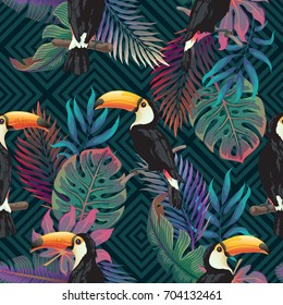 Summer exotic seamless pattern. Floral background with tropical palm leaves, flowers and toucan on dark