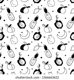 Summer exotic seamless pattern with fruits in doodle style isolated on white background. Pomegranate,Pineapple Peach, Lemon, Banana. Vector outline illustration healthy food. Cute kids print, textile.
