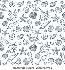 Summer exotic seamless pattern. Line drawn seashells. Blue outline of sea shell on white background. Sea holiday vector illustration