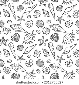 Summer exotic seamless pattern. Line drawn seashells. Black outline of sea shell on white background. Sea holiday vector illustration