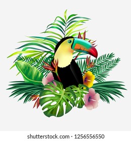 Summer exotic seamless print. Floral background with tropical palm leaves, flowers and toucan on milk white background. Vector