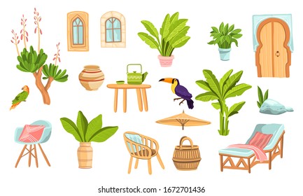 Summer exotic set with backyard cane furniture, tropical and houseplants, windows, doors, toucan, parrot. Morocco hand drawn collection isolated on white. Colorful design elements for prints, flyers svg