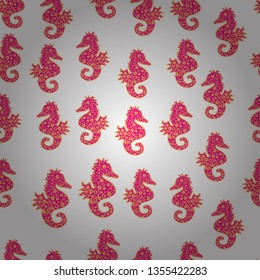 Summer exotic symbol. Watercolor illustration. White, magenta, yellow, turquoise sea life. Hand drawn illustration. Cute seamless pattern for girls, boys, clothes, wallpaper. Vector. Funny Sea Horse.