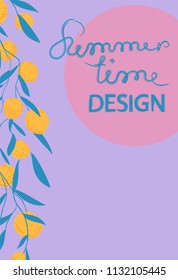 Summer exotic and tropic background design can be used for leaflets,postcards, invitation card. Composition with lemons and leaves. Vector universal card with place for text.