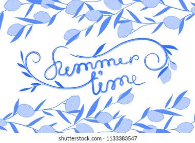 Summer exotic and tropic background design can be used for leaflets,postcards, invitation card. Composition with  blue lemons and leaves. Vector universal card with place for text.
