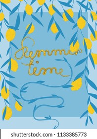Summer exotic and tropic background design can be used for leaflets,postcards, invitation card. Composition with lemons and leaves. Vector universal card with place for text.