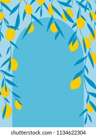 Summer exotic and tropic background design can be used for leaflets,postcards, invitation card. Composition with lemons and leaves. Vector universal card with place for text.