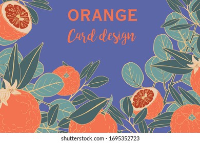 Sommerexotisches und tropisches Hintergrunddesign. Zusammensetzung mit Orangen und Blättern. Vektorillustration Universalkarte mit Platz für Text.
