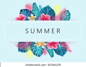 Summer exotic and tropic background design. Composition with palm leaves. Vector universal background with place for text.