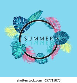 Summer exotic and tropic background design. Composition with palm leaves. Vector universal background with place for text.
