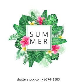 Summer exotic and tropic background design. Composition with palm leaves and flowers. Vector universal background with place for text.