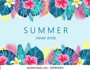 Summer exotic and tropic background design. Composition with palm leaves and flowers. Vector universal background with place for text.