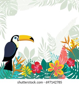 Summer exotic and tropic background design with place for text. Composition with palm leaves, toucan and tropical flowers. 